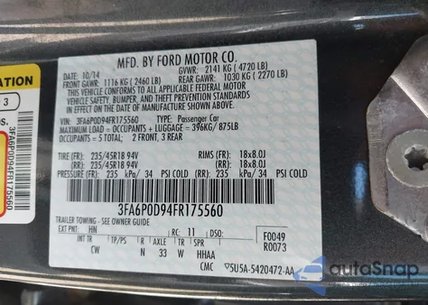 2015 Ford Fusion Titanium z USA, uszkodzony, nr VIN 3FA6P0D94FR175560
